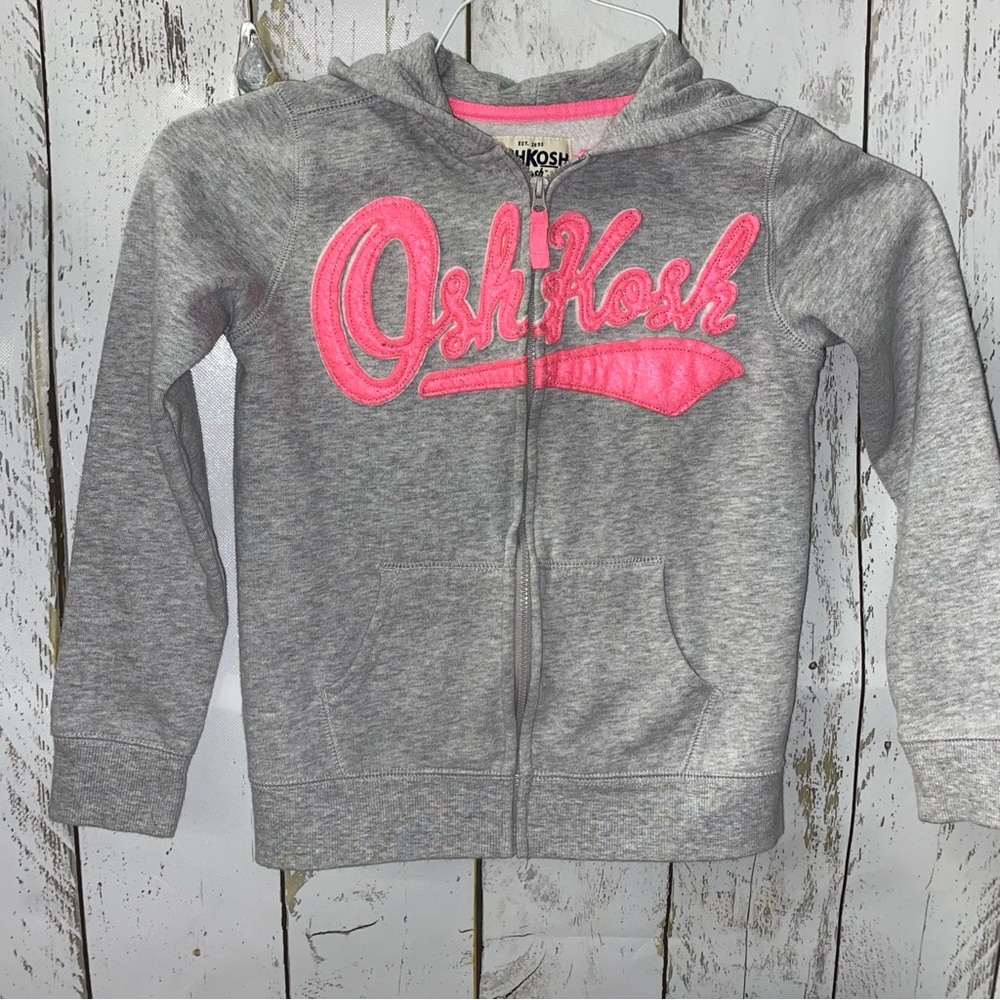 Oshkosh Sz 8 Gray Zip Up Hoodie Sweatshirt Pink Big Logo Retro